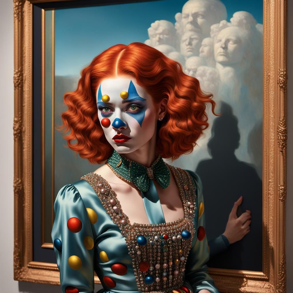 Woman Examines Surrealist Painting in Hyperrealistic Art
