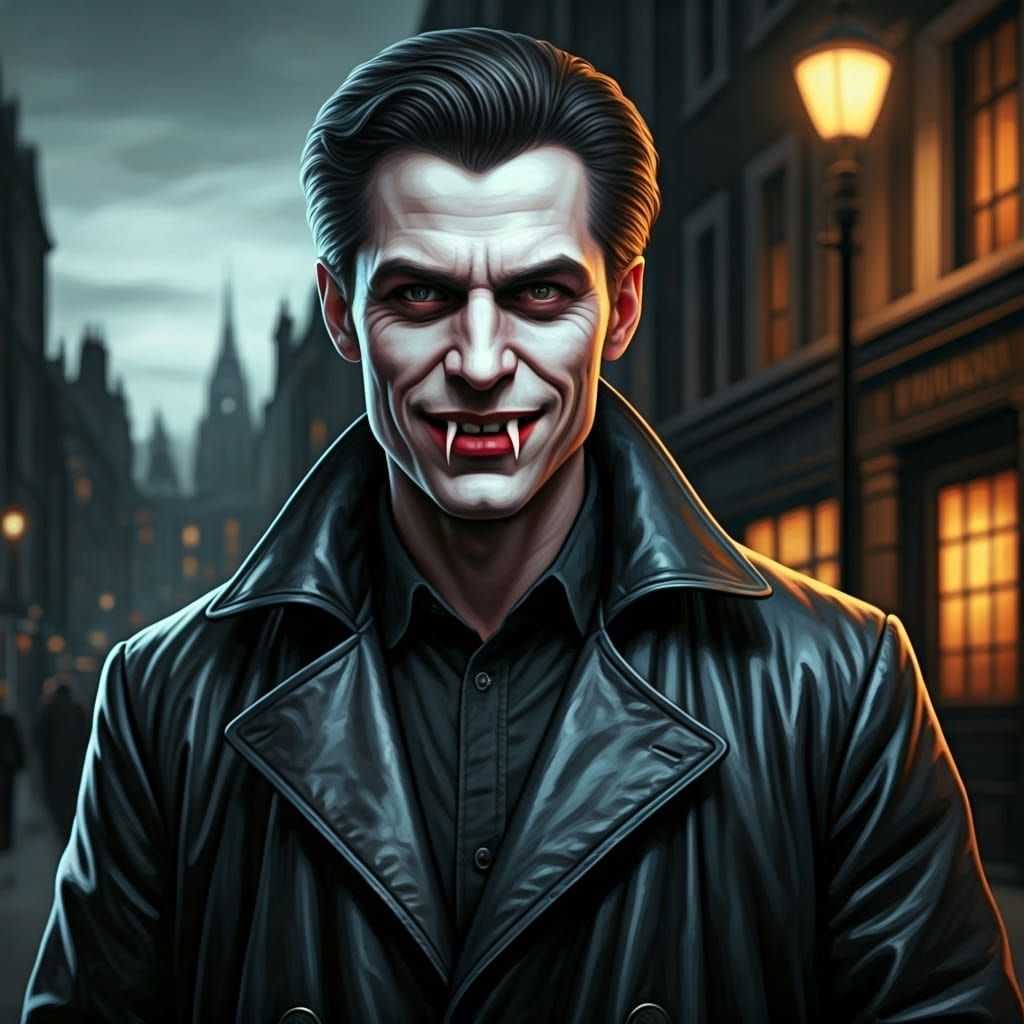 Sinister Vampire in Leather Coat, London Cityscape at Dusk