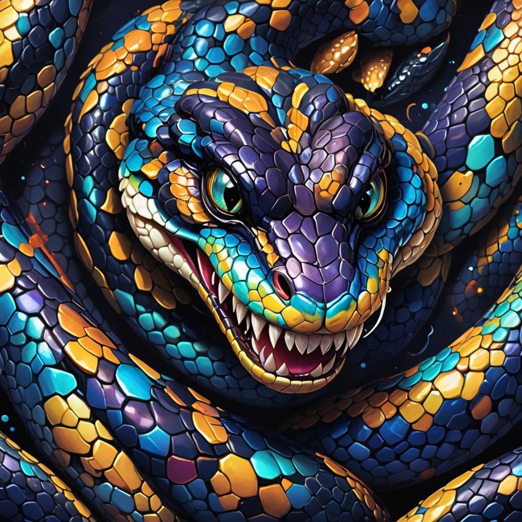 Cute Snake with Fangs: Vibrant 3D Digital Art