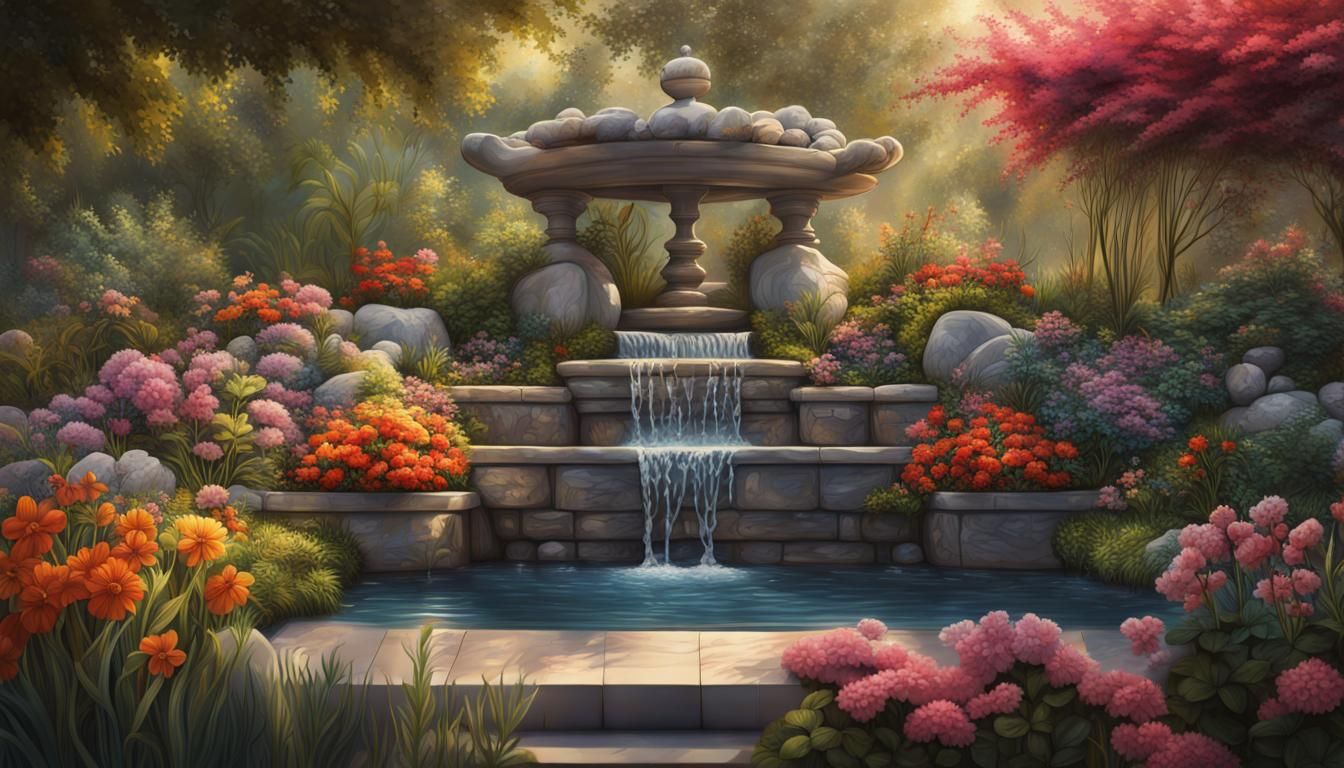 Tranquil Garden with Flowers: Hyperrealistic Splash Art