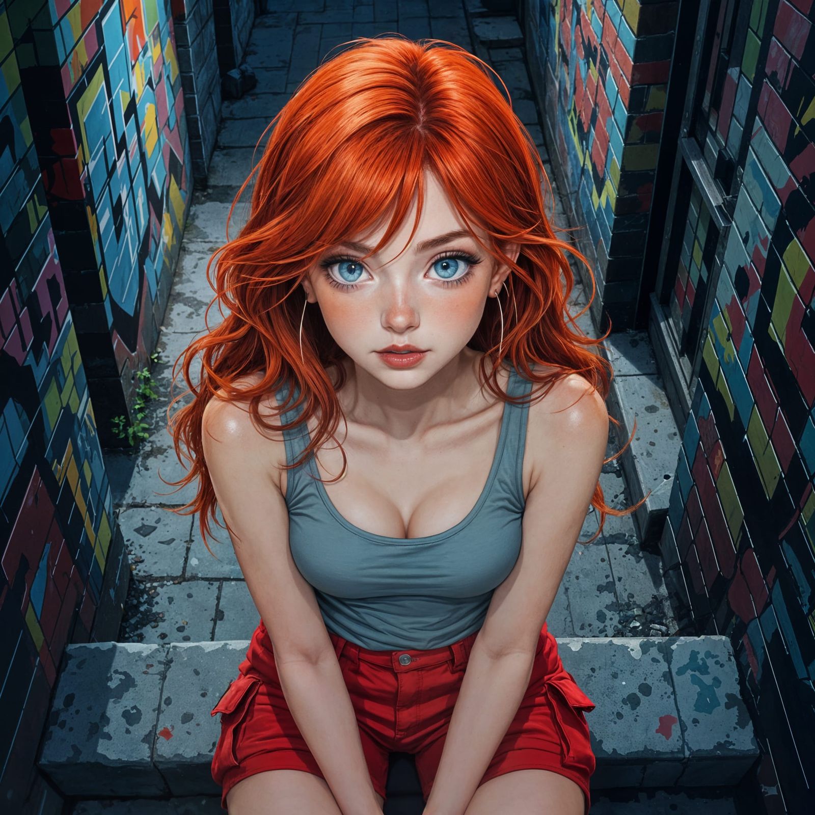 Vibrant Red Haired Girl in Graffiti Alleyway Sketch