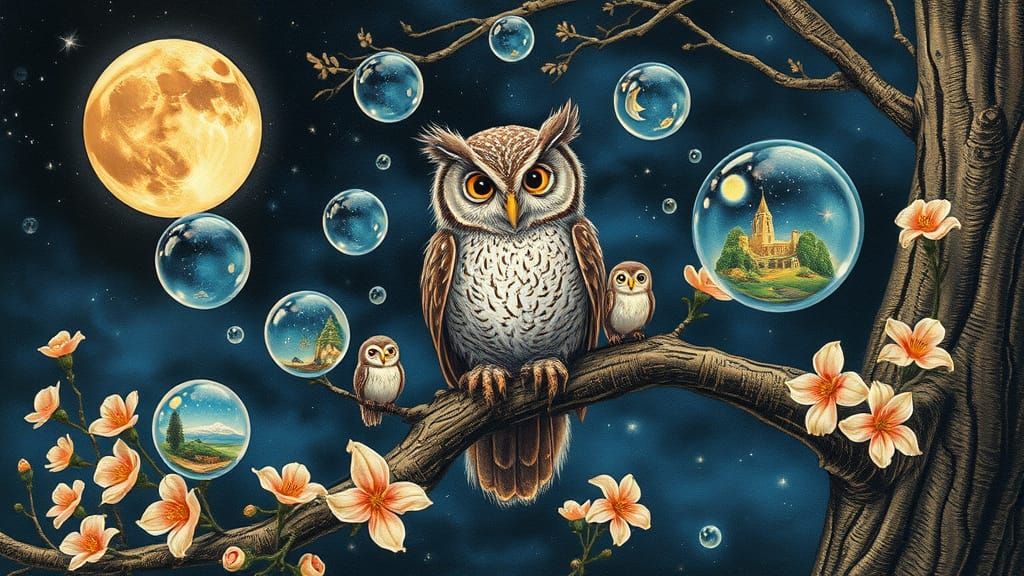 Whimsical Owl Blowing Bubbles into Night Sky