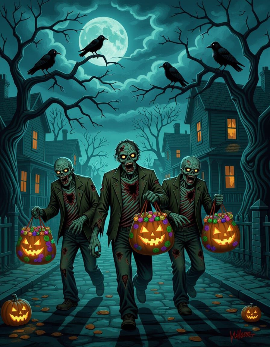 Grotesque Zombies Trick-or-Treating in Haunted Neighborhood