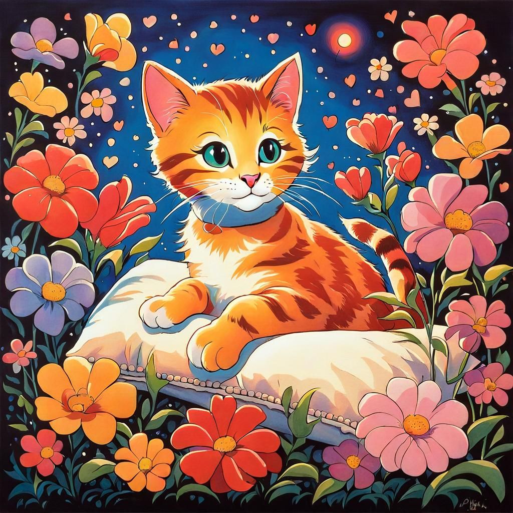 Cute Cat Surrounded by Flowers in Traditional Animation Styl...