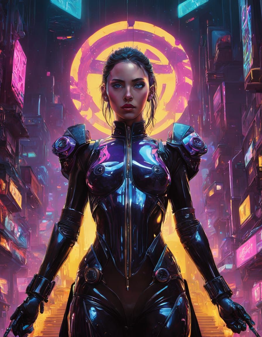 The image presents a striking visual poster with a central, female humanoid figure