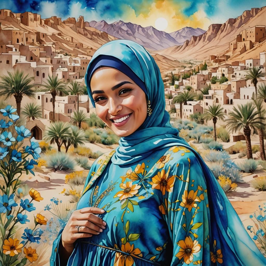 Arab Woman in Azure Hijab: Magical Realism Portrait