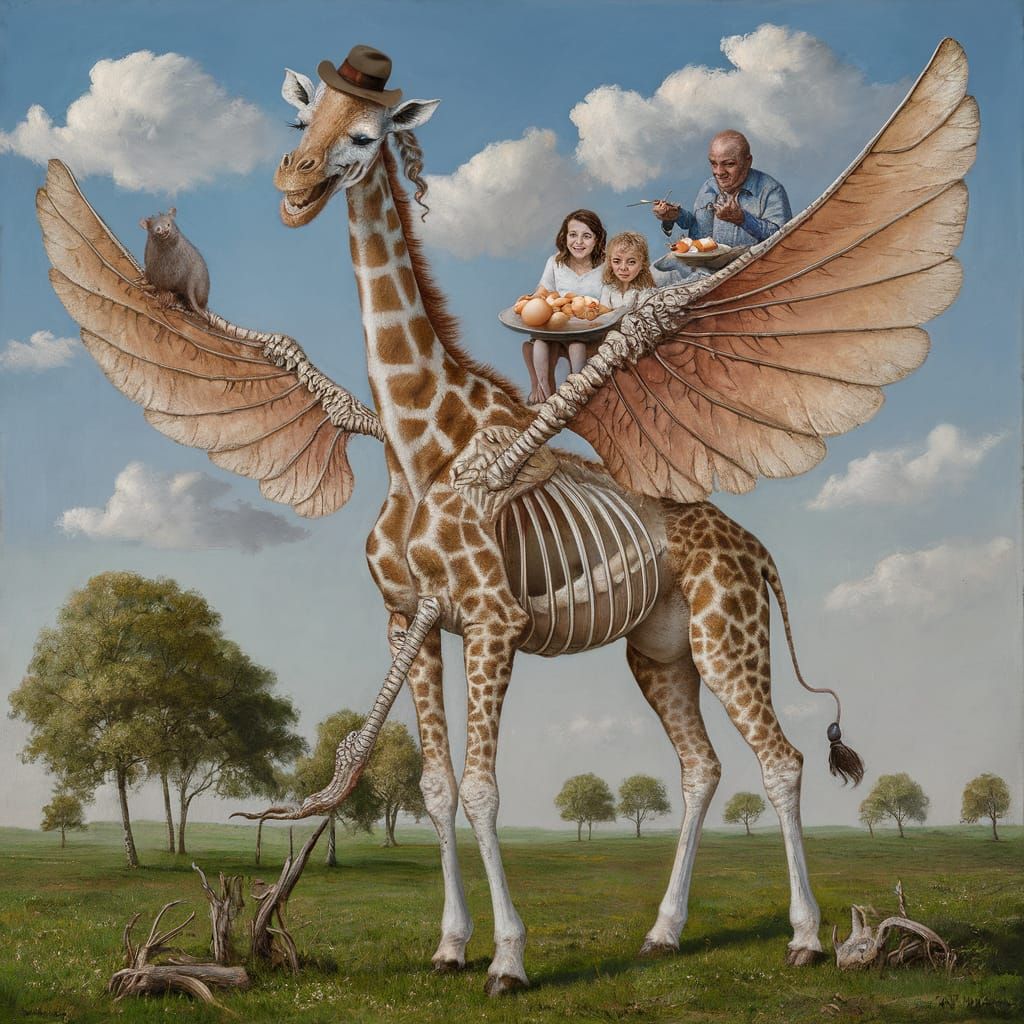 Surreal Giraffe Creature Spreads Its Wings in Colorful Dream...