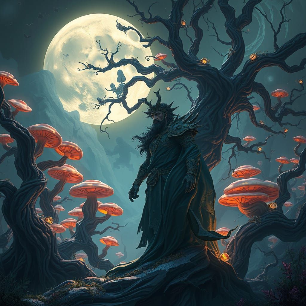 Majestic Gojo Amidst Glowing Mushrooms and Twisted Vines