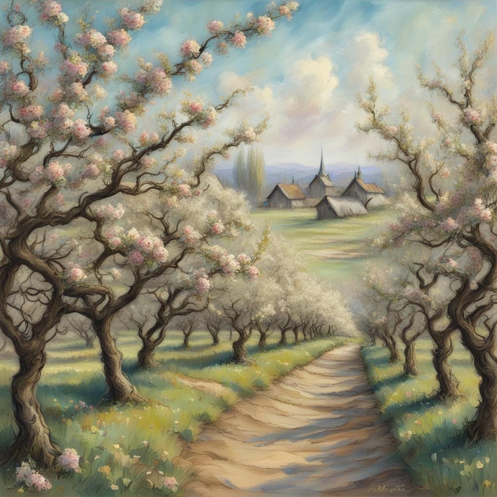 Blooming Orchard in Springtime, Fantasy Illustration