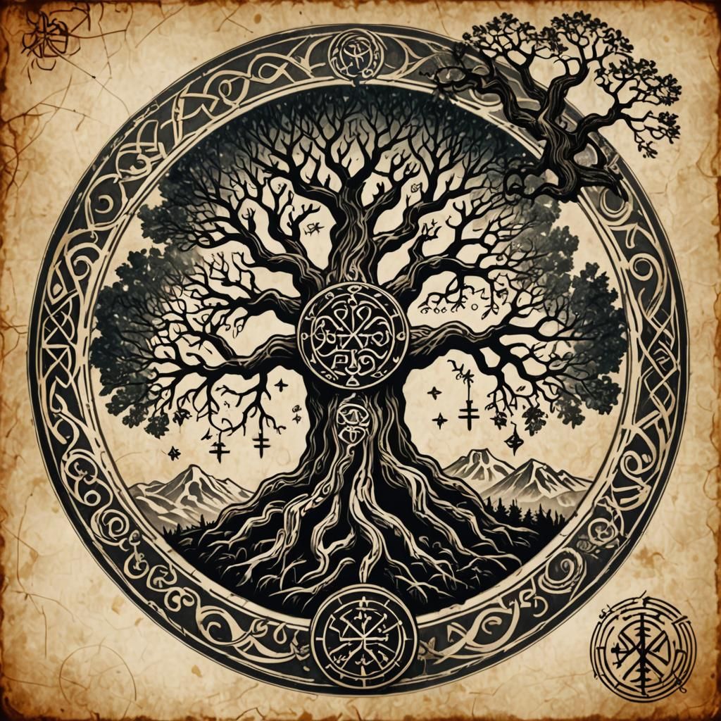 Slovak Mythology Tattoo Design with Tree and Runes