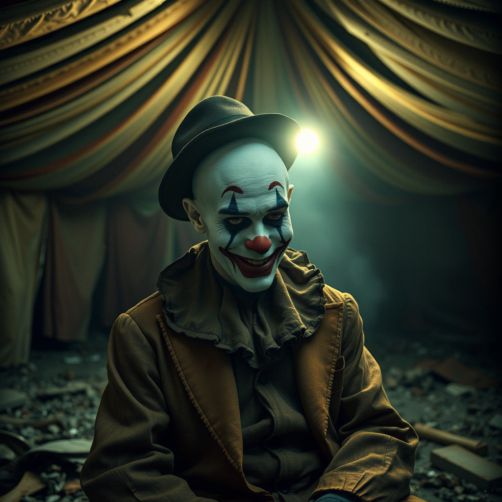 Melancholic Clown in Dim Circus Tent