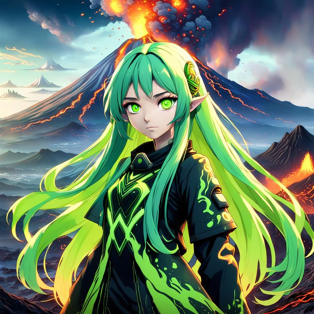 Anime Girl and Erupting Volcano, Detailed Fantasy Art