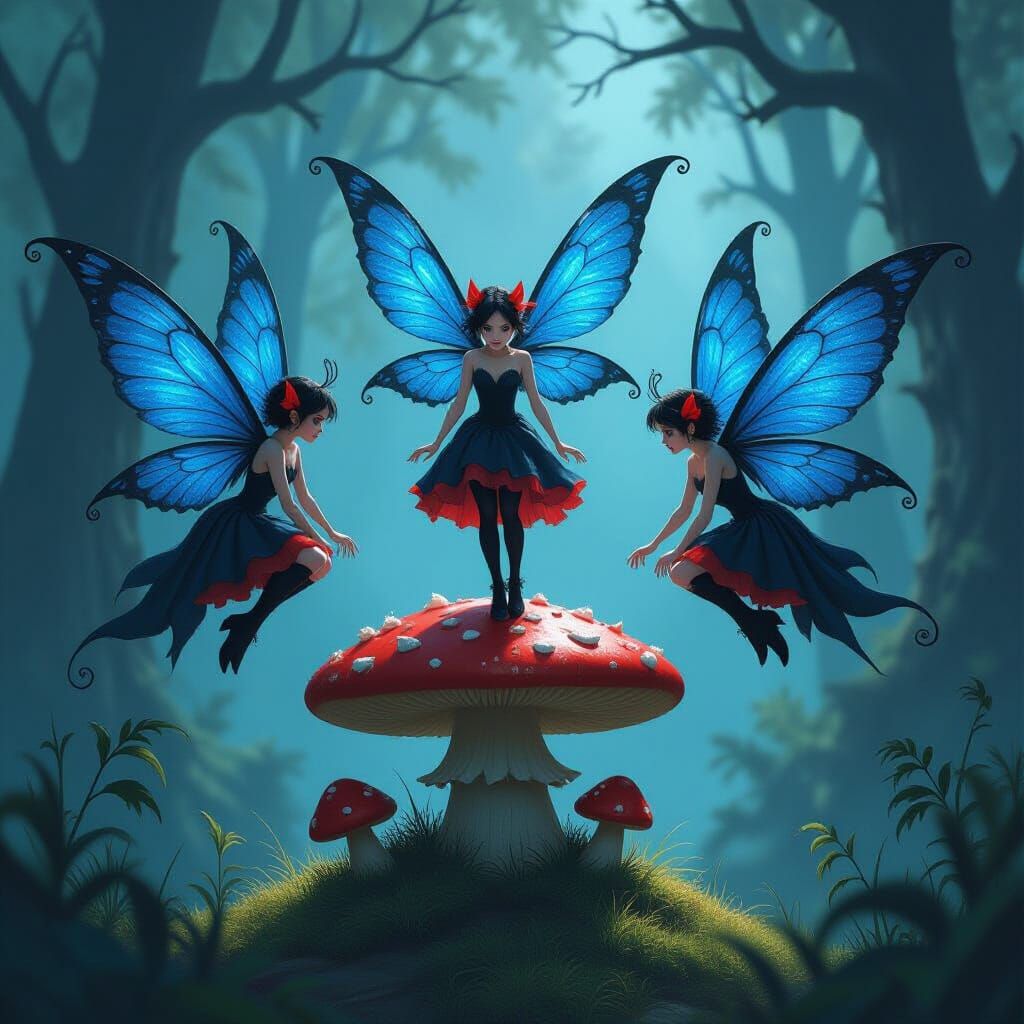 Sinister Fairies with Blue Wings on Mushroom, Dark Fantasy