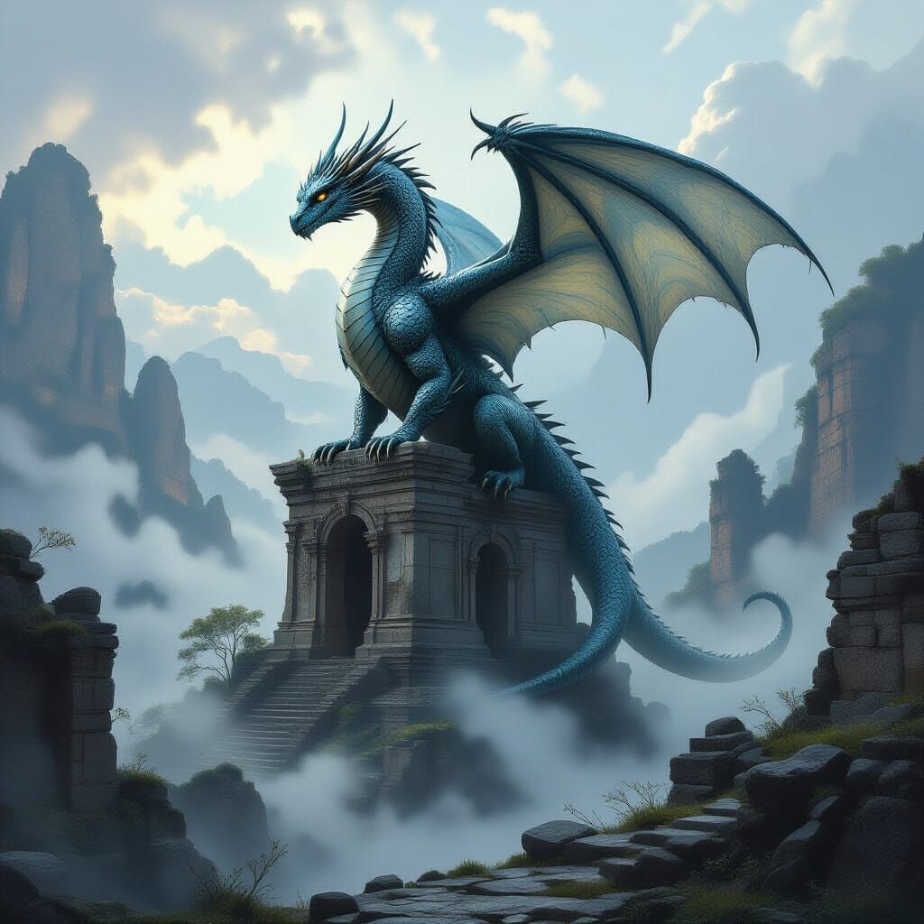 Mythical Dragon on Ancient Ruins Matte Painting