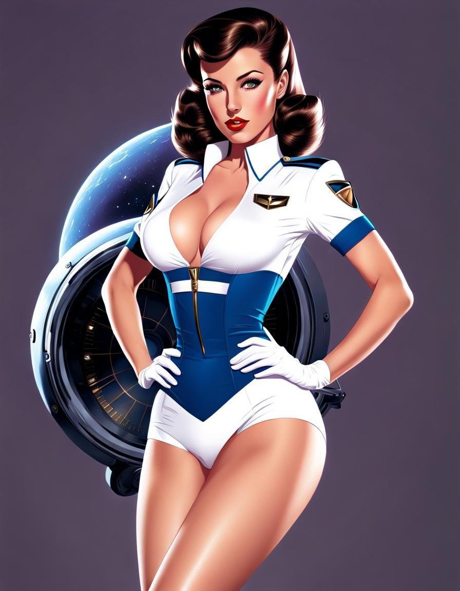 Retro Sci-Fi Pinup Line Art Illustration