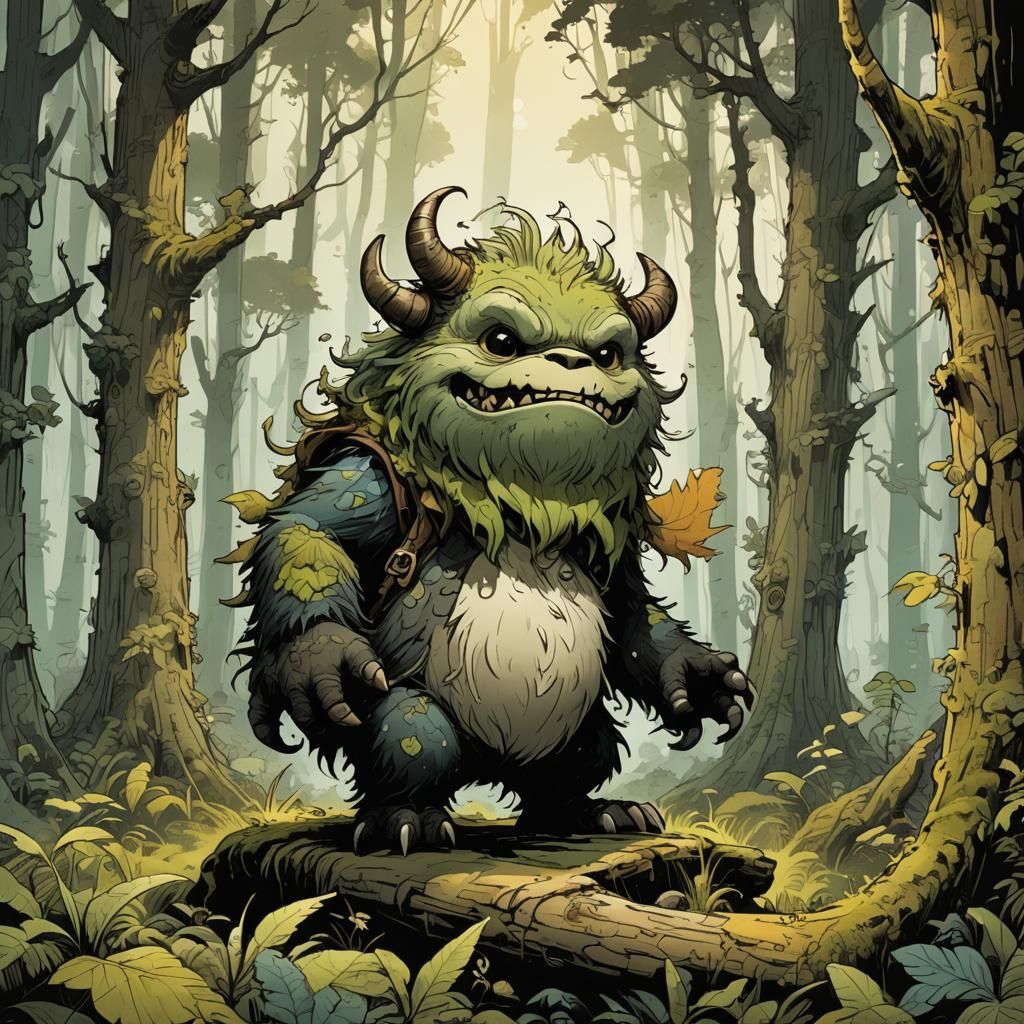 Chibi Monster in Forest, Whimsical Art Style