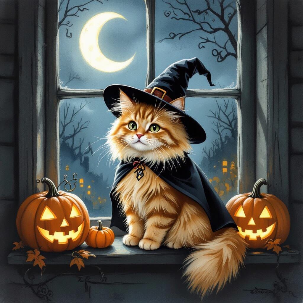 Whimsical Vampire Cat on Moonlit Windowsill