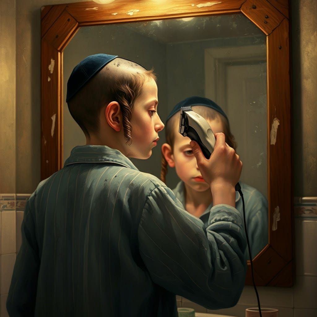 Young Hasidic Boy Shaves Head in Bathroom Mirror