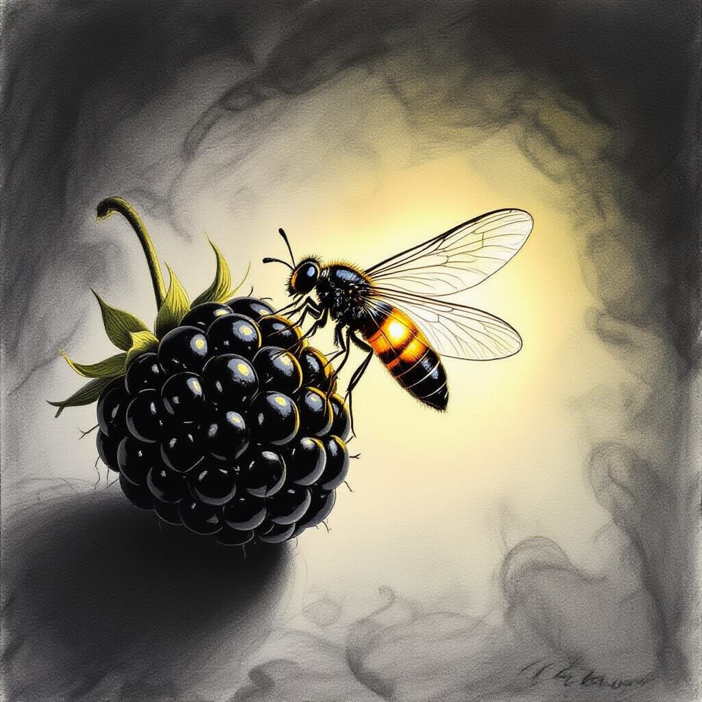 Firefly Beside Blackberry in Charcoal Drawing Style
