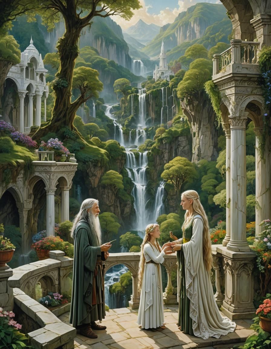 Gandalf and Elf in Rivendell-inspired Landscape