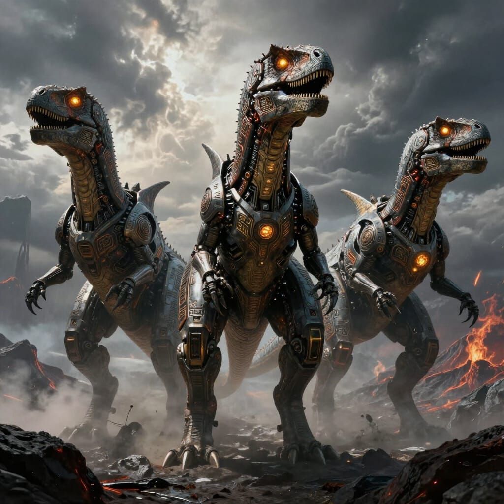 Cybernetic Dinosaurs in Volcanic War Landscape