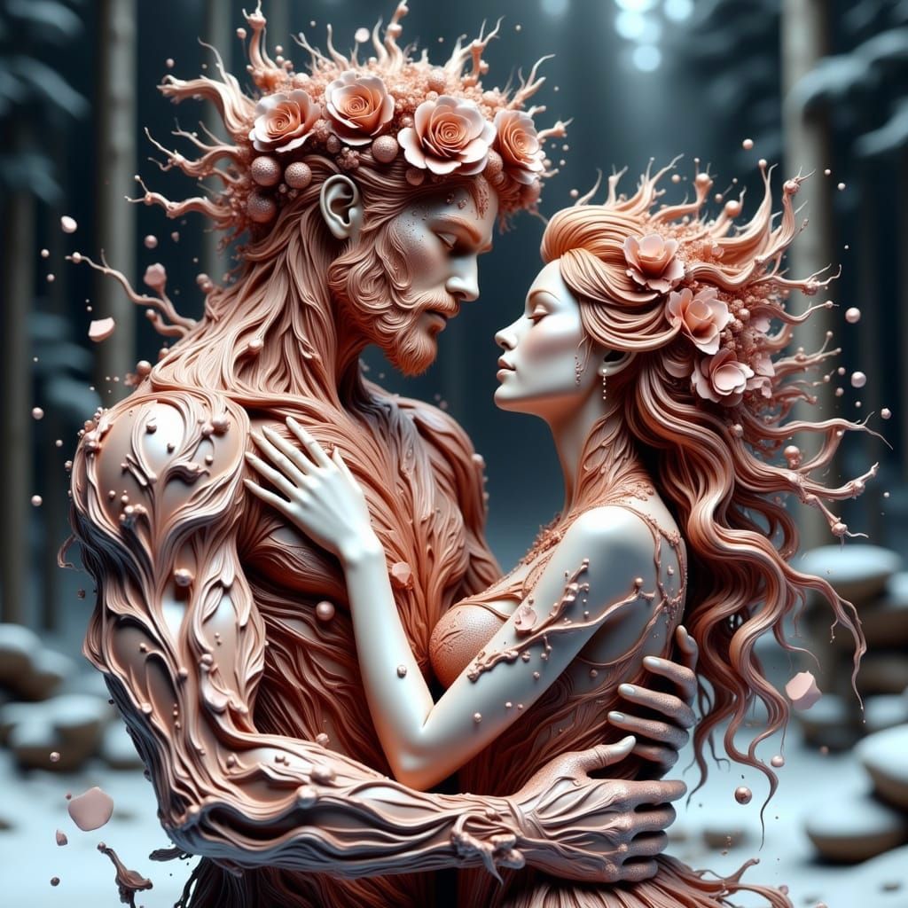 Burgundy Liquid Metal God Embracing Floral Goddess