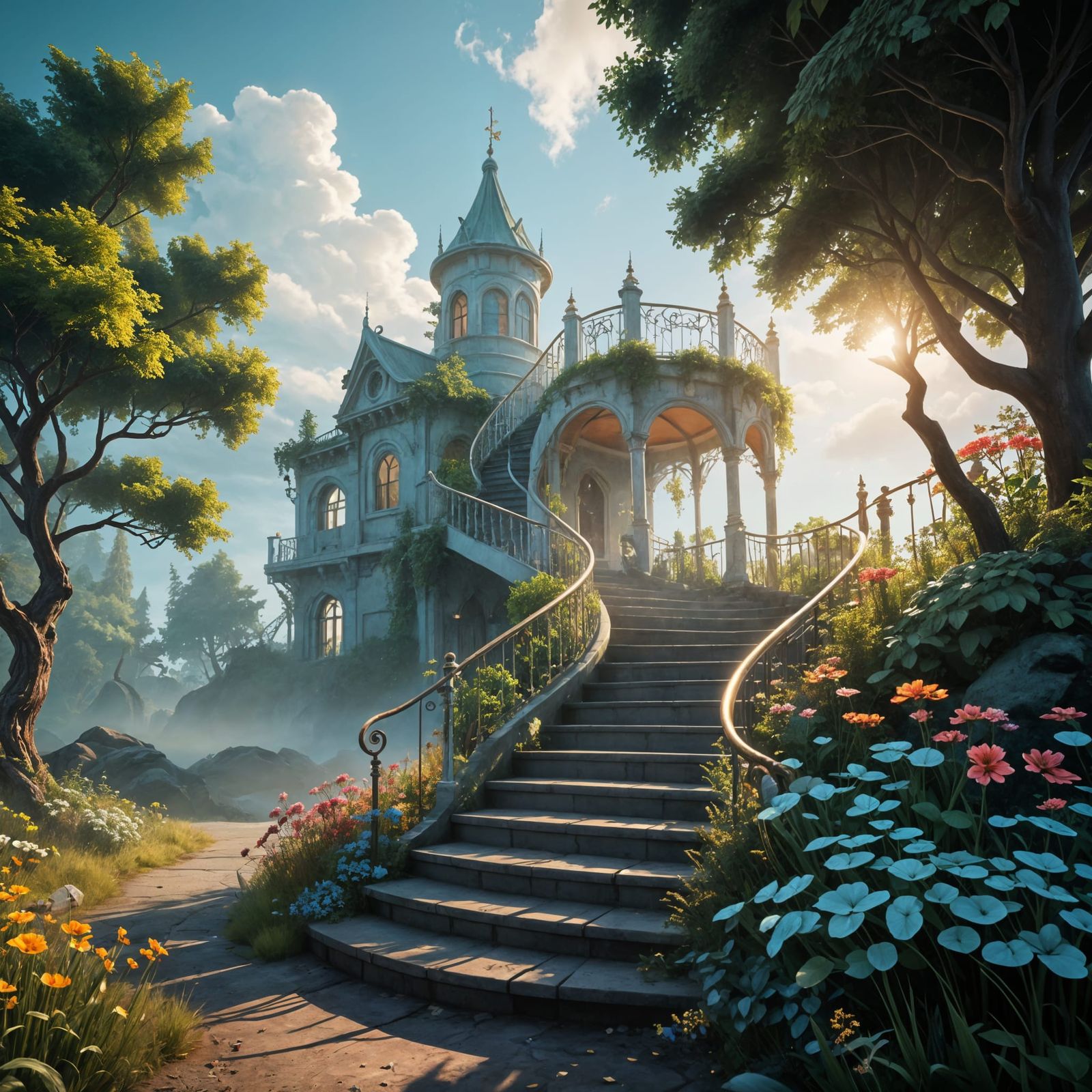 Fantastical Staircase Ascends into Vibrant Daydream