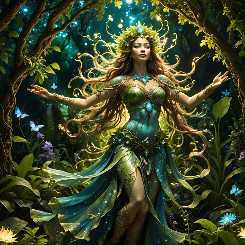 Earth Goddess Dancing in Bioluminescent Garden