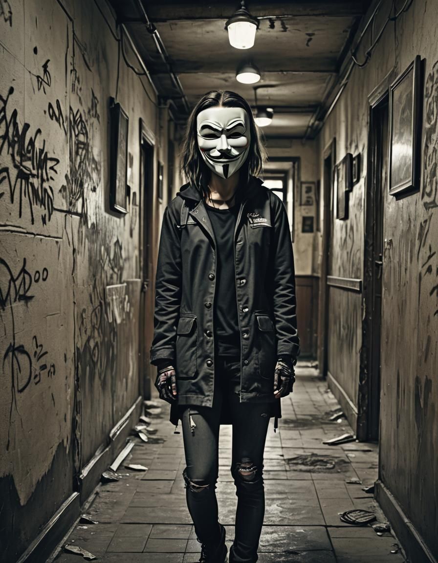 cyberpunk regular woman wearing a a Guy Fawkes mask  in a old apartment hallway
