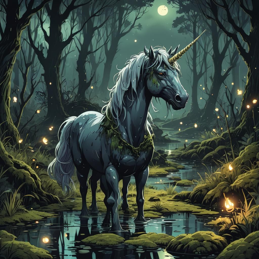 Spooky Swamp Unicorn in Anime Style