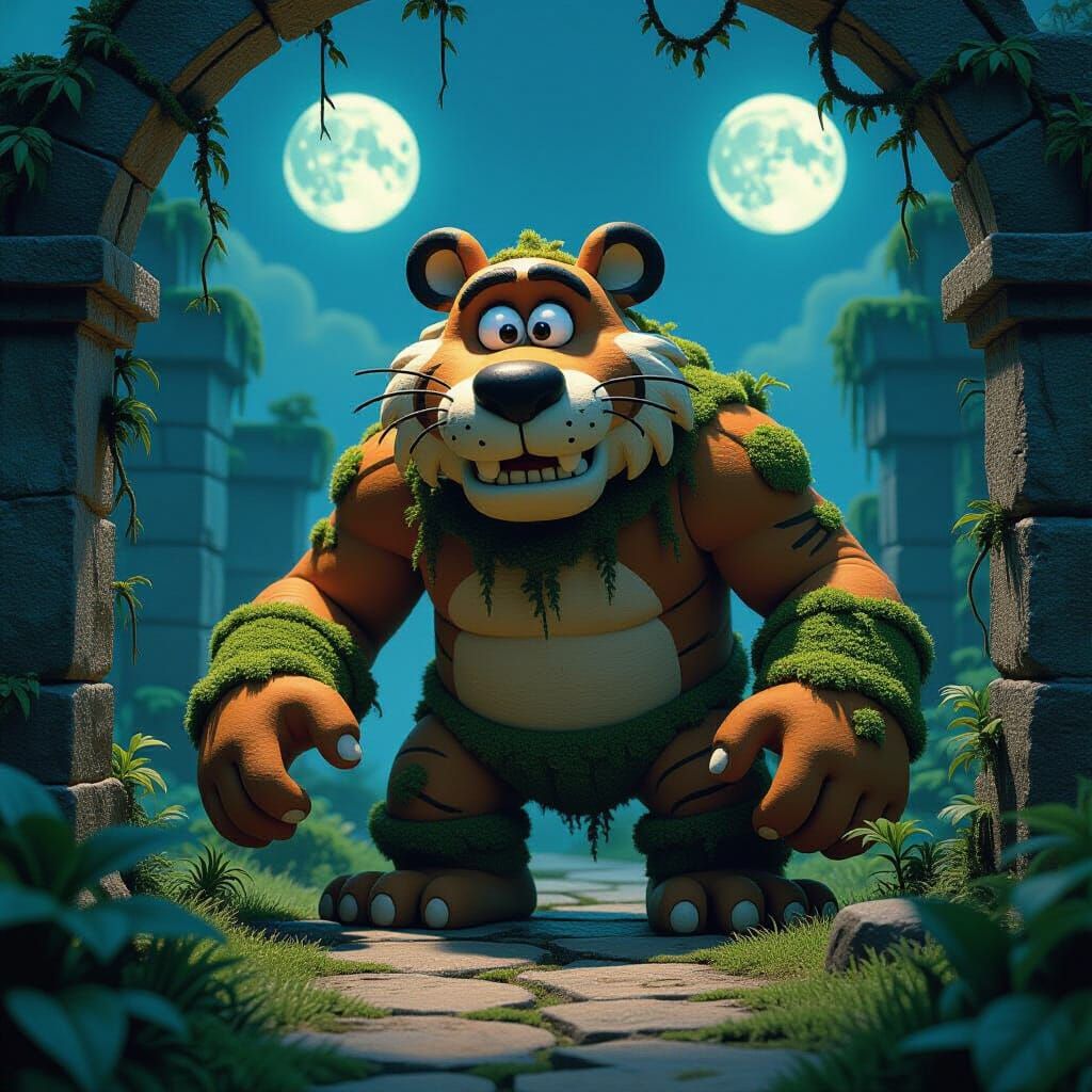 Moss & Stone Tiger Guards Mystical Ruins in Claymation Style