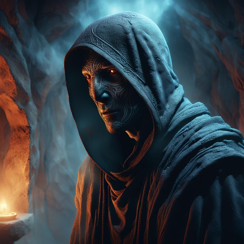 Mystical Hooded Figure in Ancient Chamber