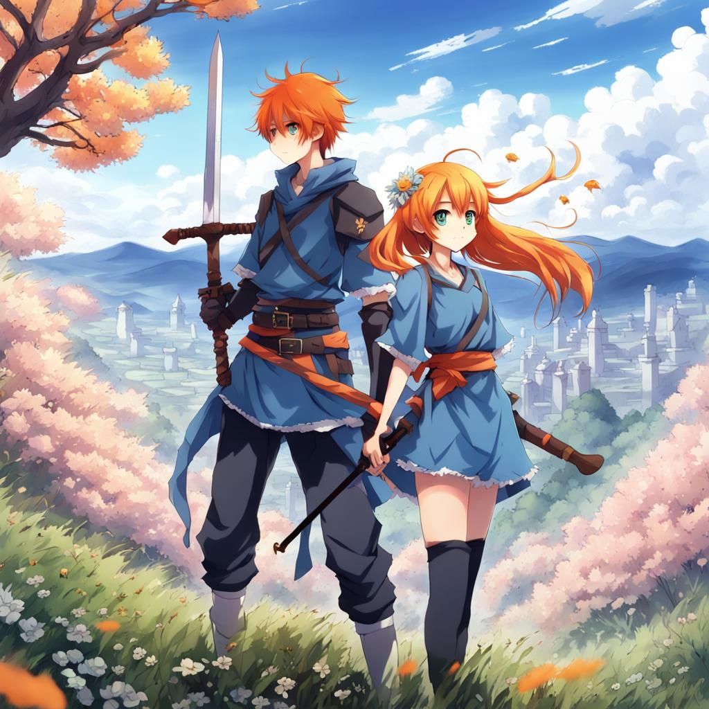A orange haired anime boy with a sword and a blue haired anime girl with an Axe  standing on a hill with flowers