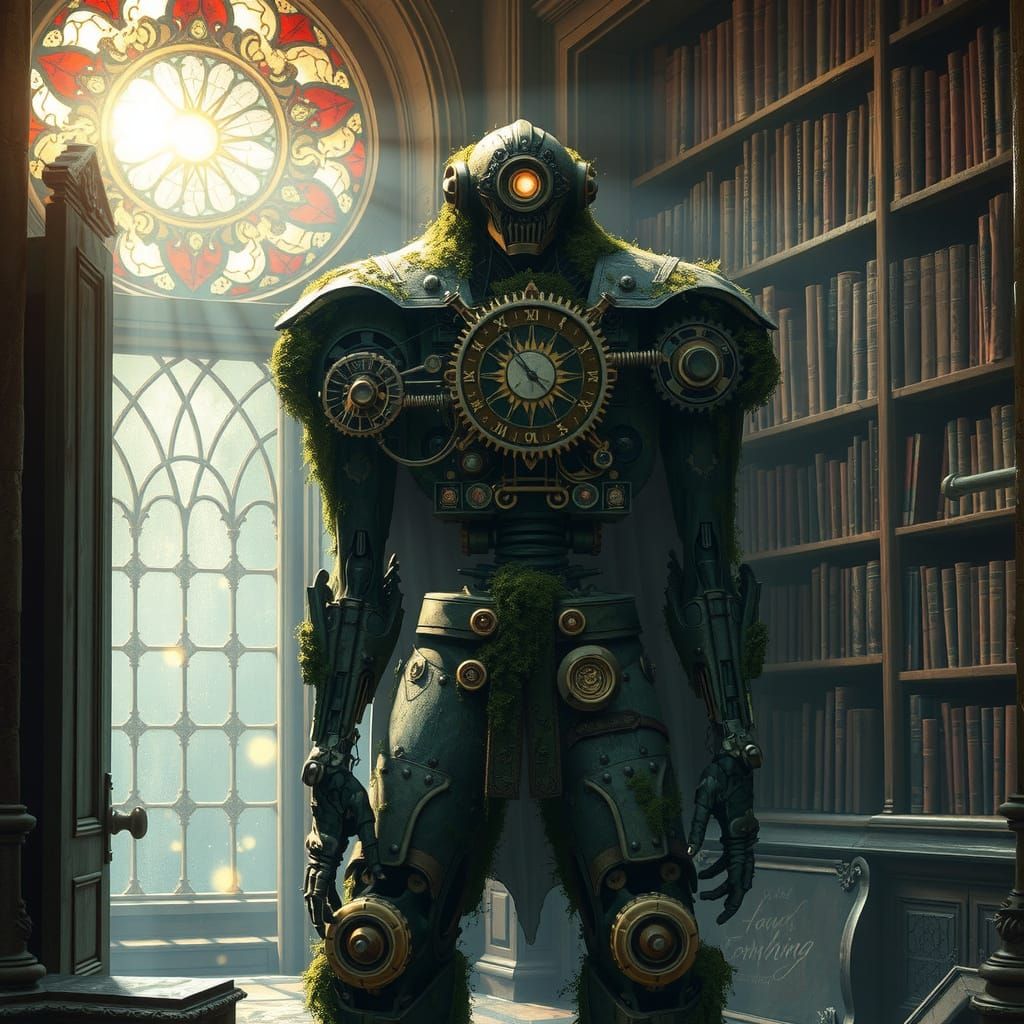 Moss-Covered Automaton Guards Forgotten Library in Dark Fant...