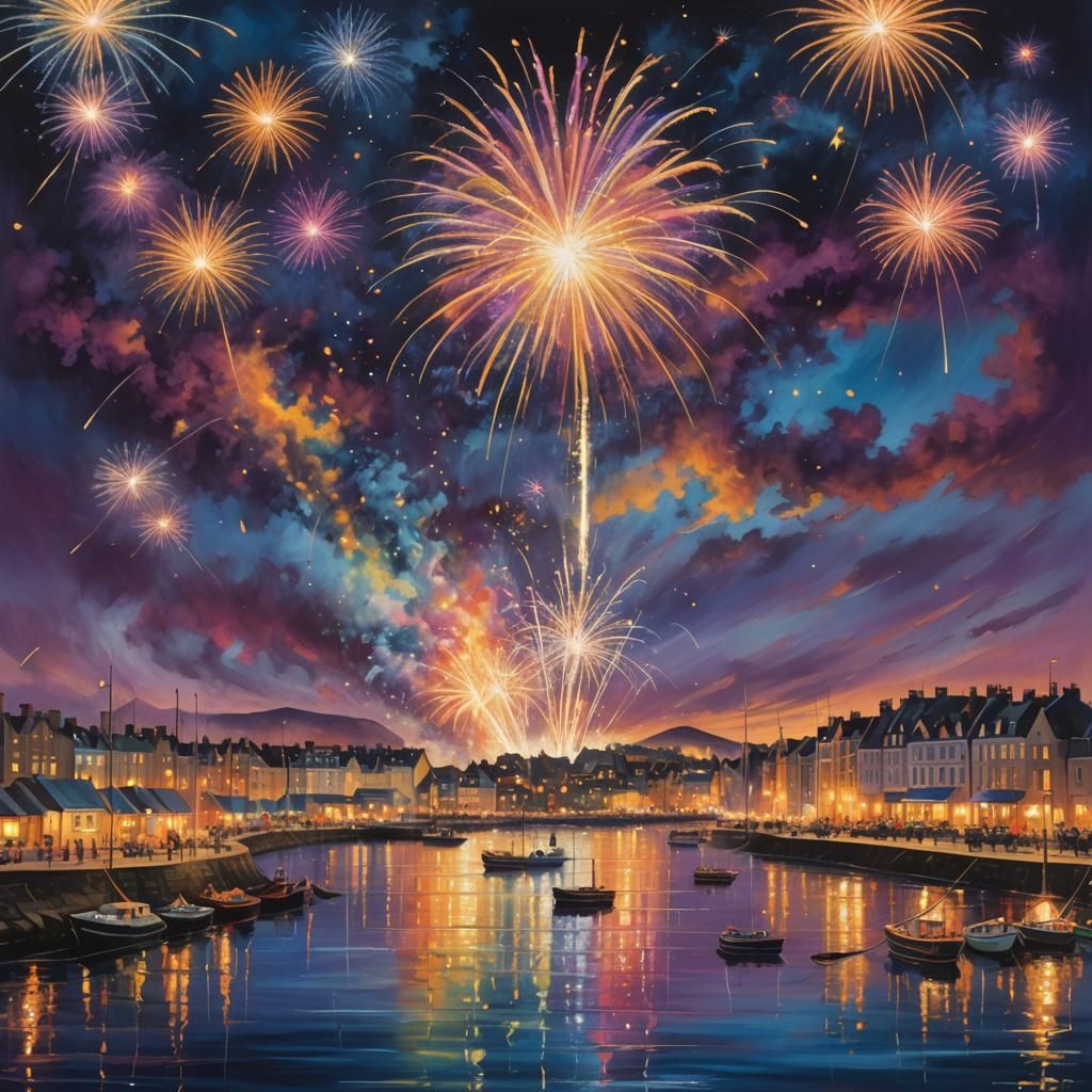Fireworks Over Douglas Bay: Magical Realism Oil Painting