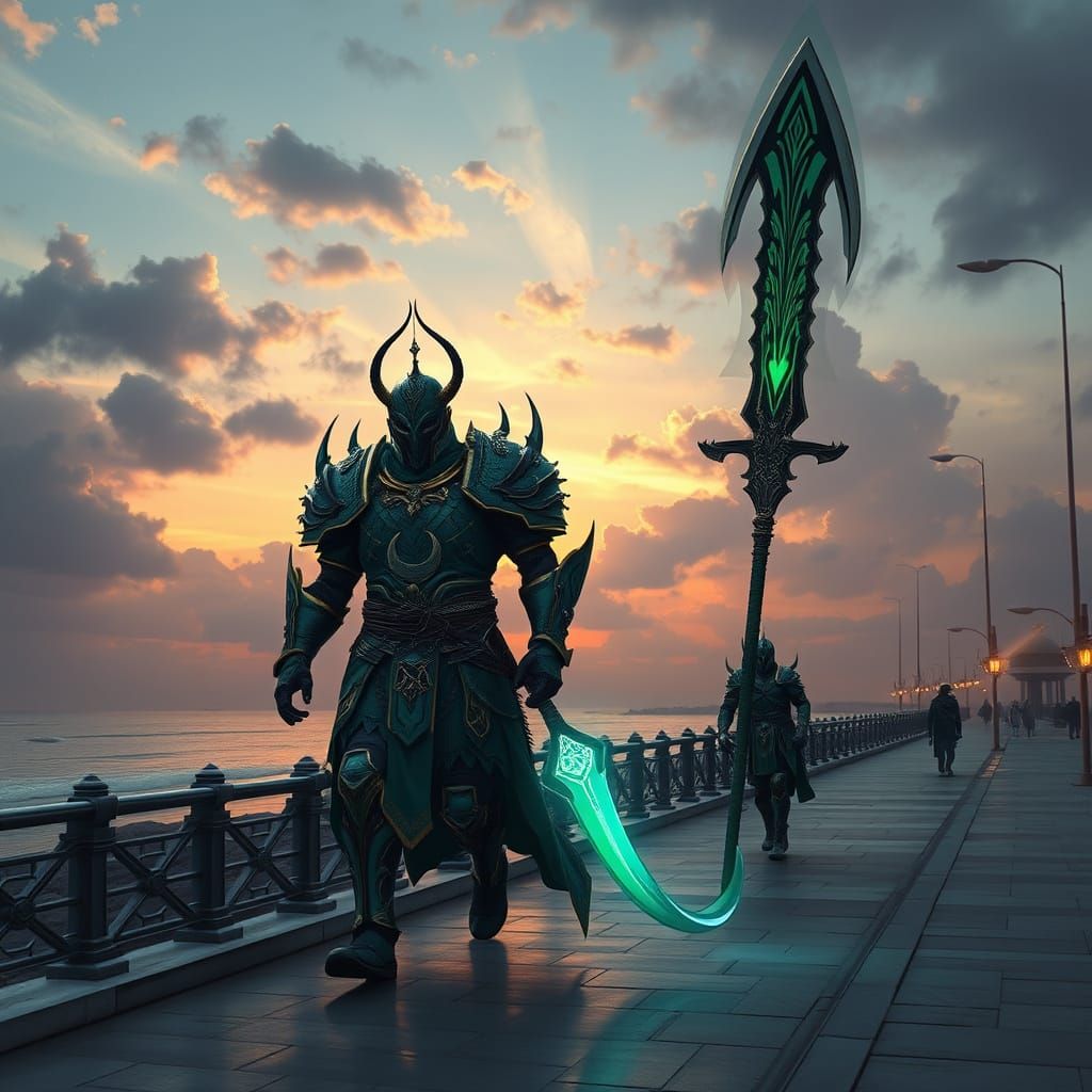 Ethereal Warrior Strolls with Majestic Markhor Under Dusk Sk...