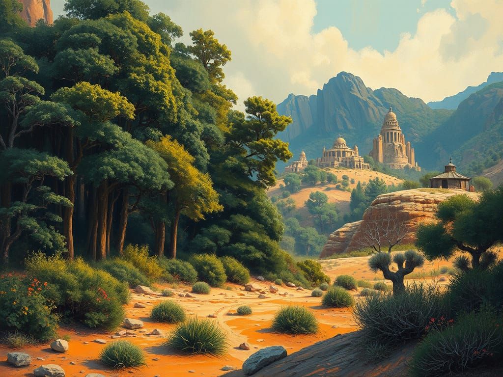 Surreal Forest Meets Desert in Vibrant Oil Painting