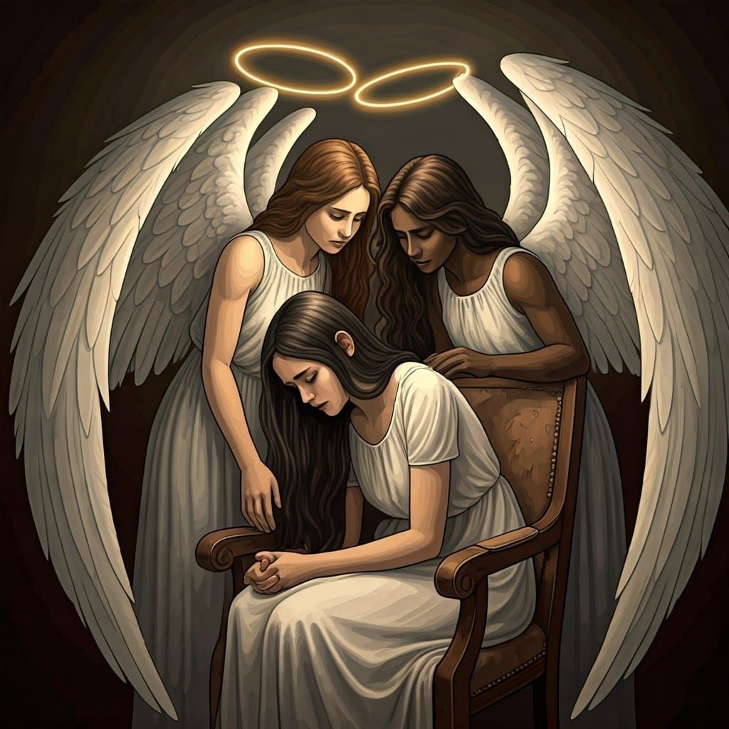 Angels Comfort Distraught Woman: Dreamlike Watercolor