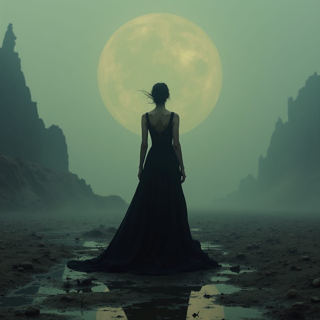 Woman in Dystopian Landscape, Surrealist Style