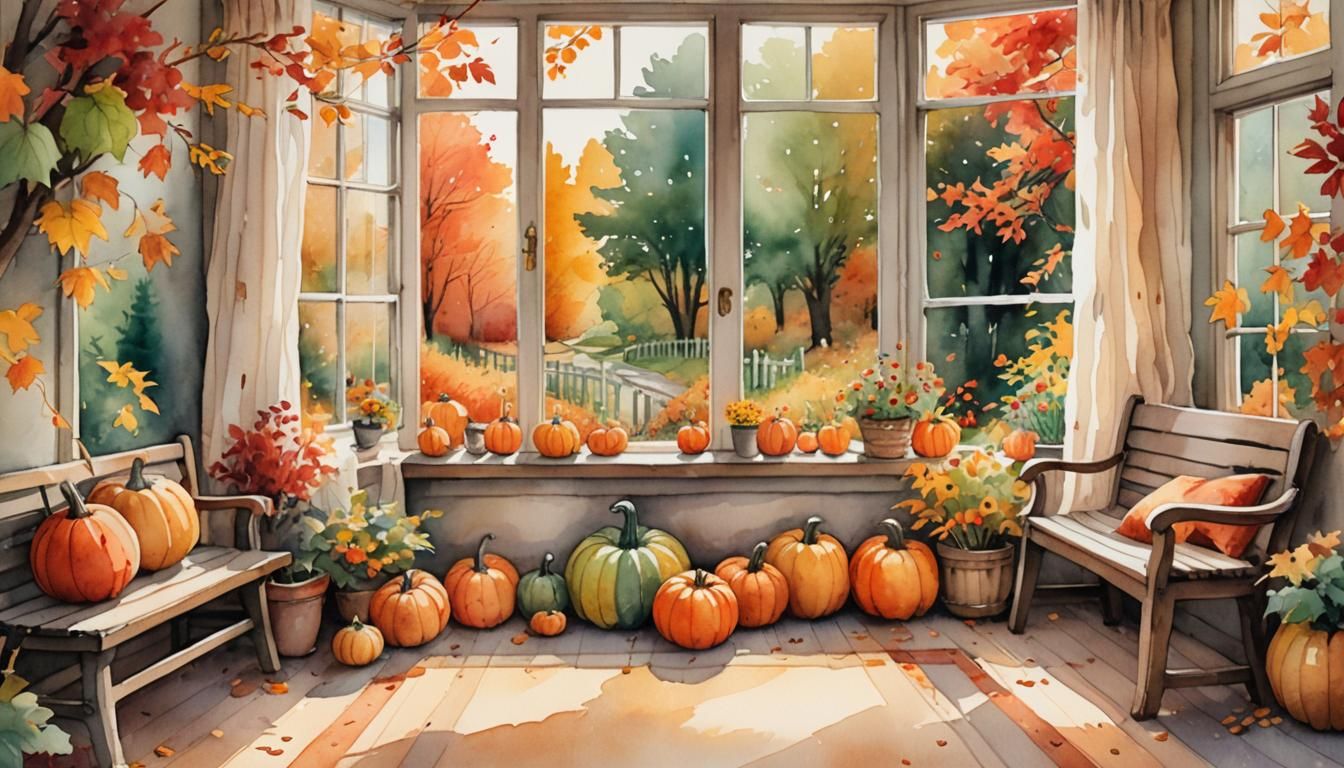 Cozy Autumn Room: Whimsical Watercolor Illustration