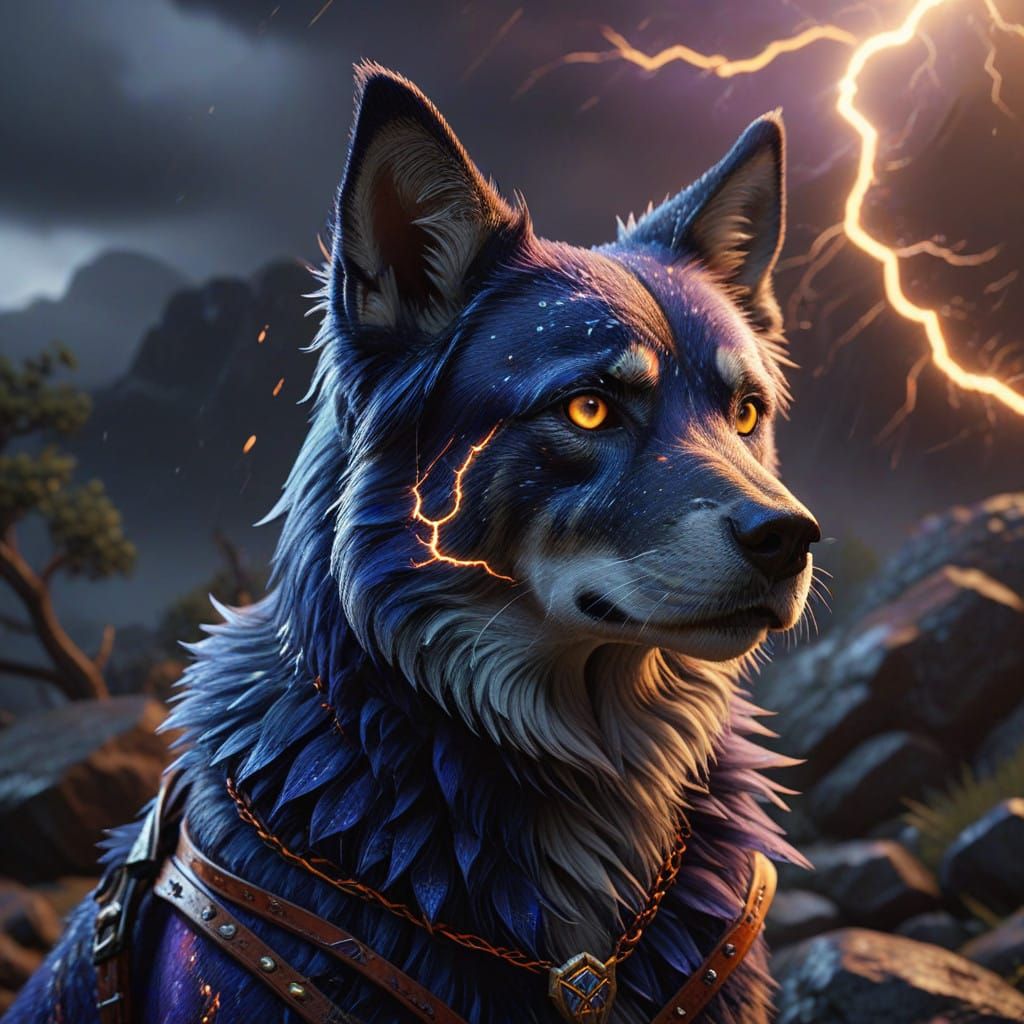 Epic Canine Hero in Fiery Stormy Background