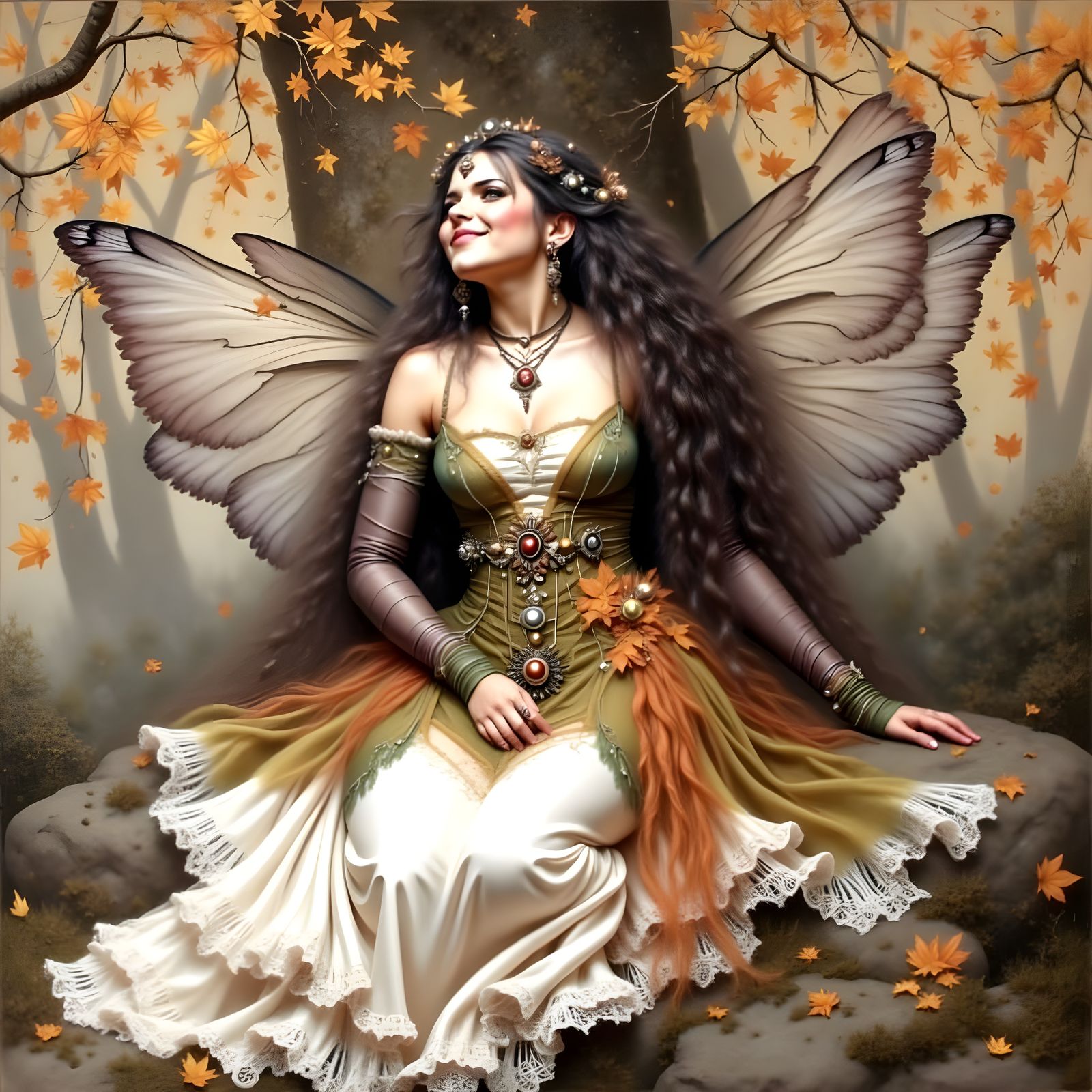 Whimsical Chubby Fairy Sits on Autumnal Rock