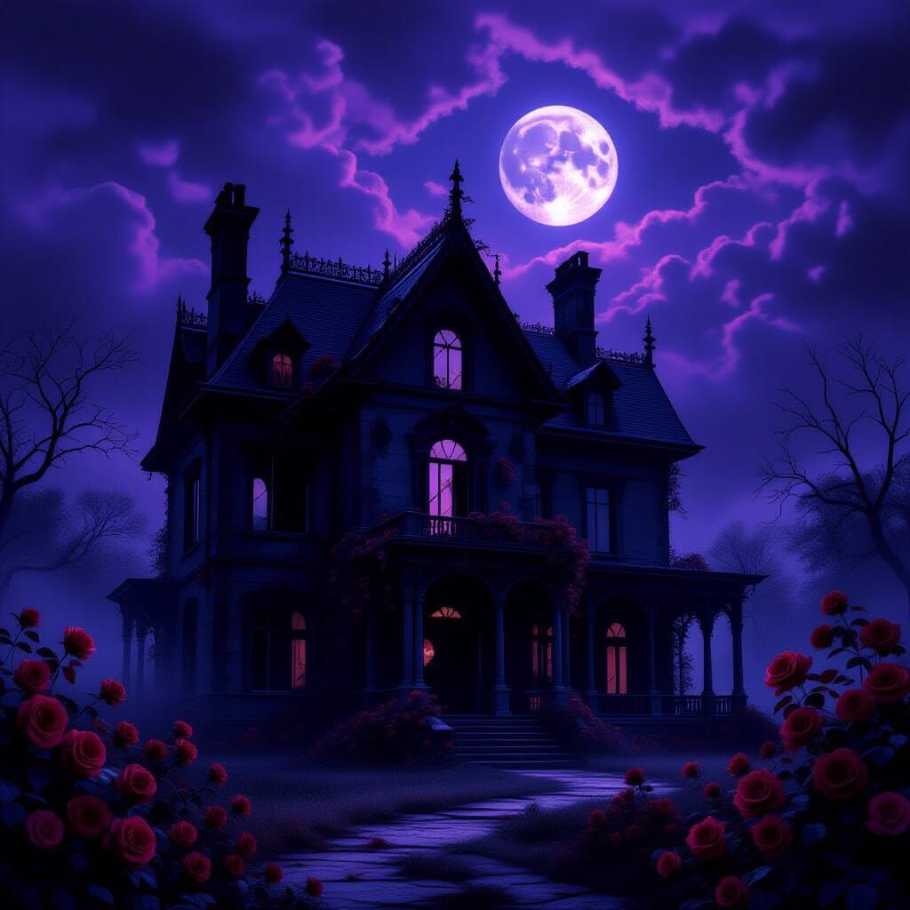 Gothic Mansion in Stormy Sky with Ethereal Moonlight