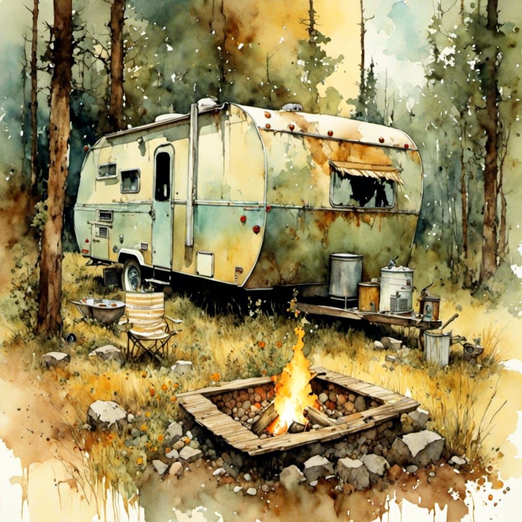 Abandoned RV in Woods: Watercolor Impression