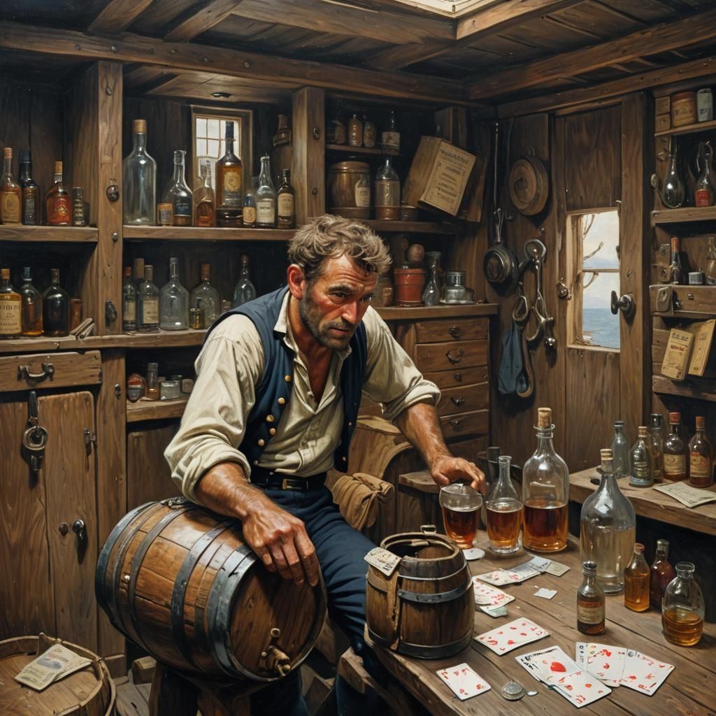 Sailor in Cabin with Rum, Oil Painting
