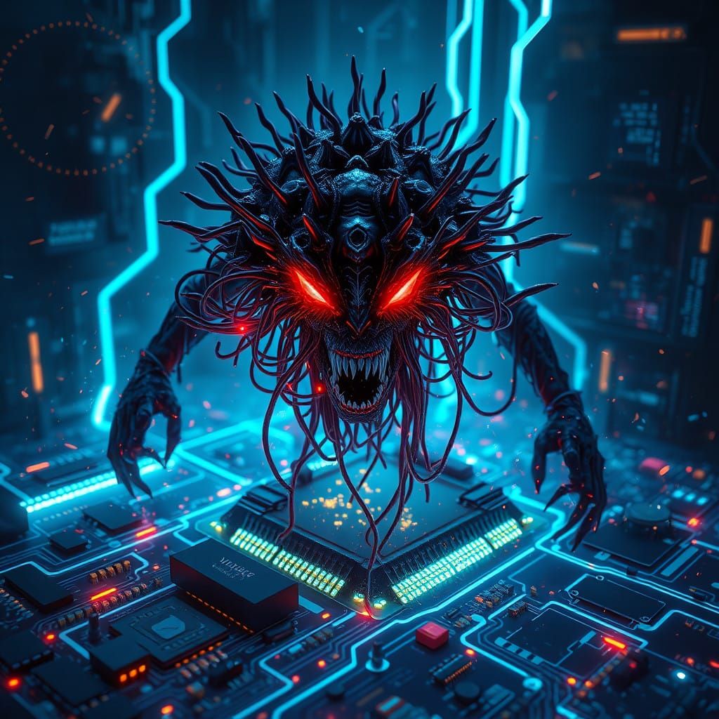 Cyber Horror: Glowing Red Eyes Piercing Dark Digital Storm