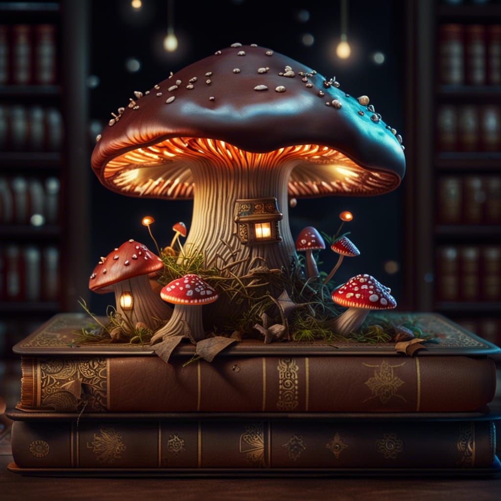Realistic Toadstools Grow From Book in Old Library