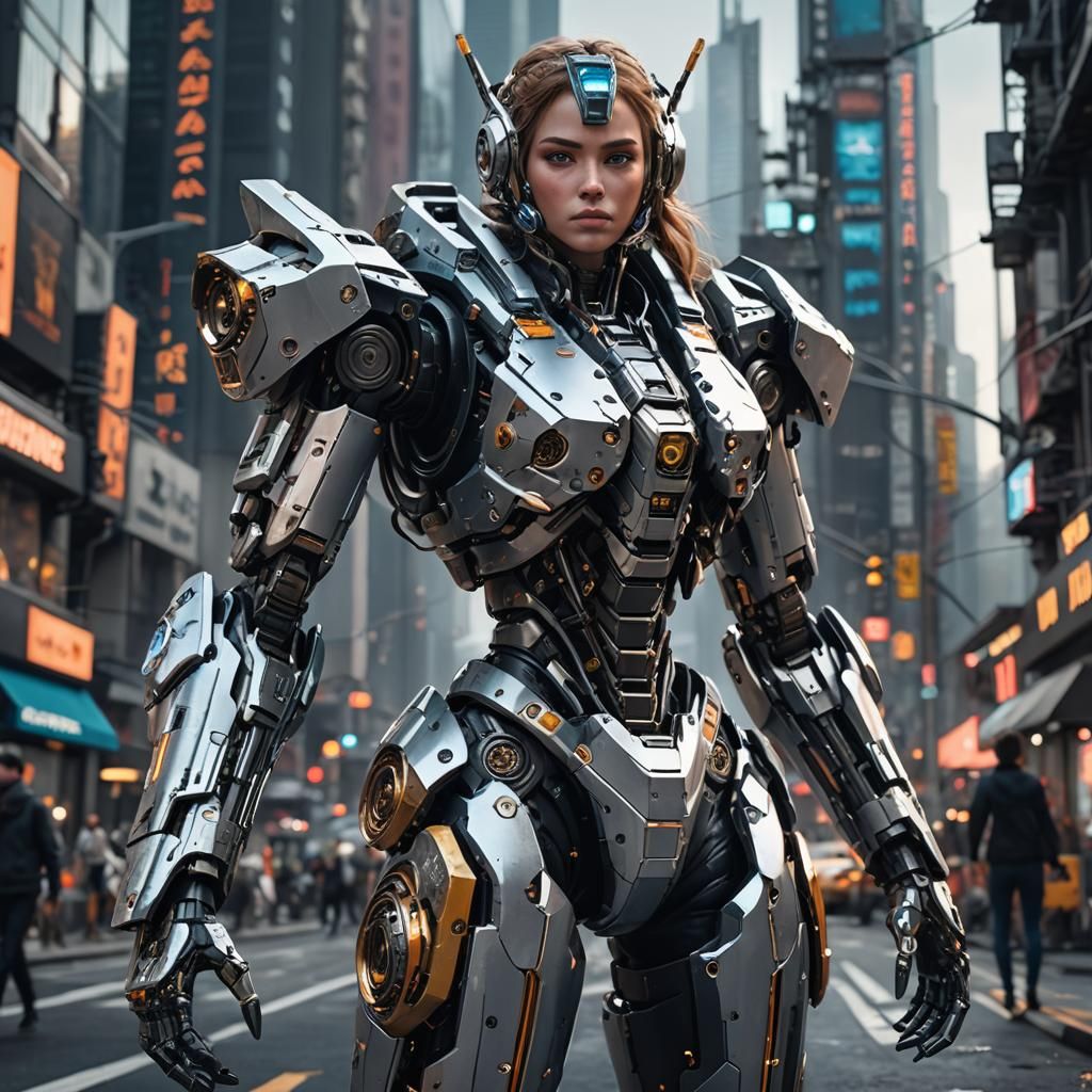 Futuristic Fashion Model in Sci-Fi Cityscape