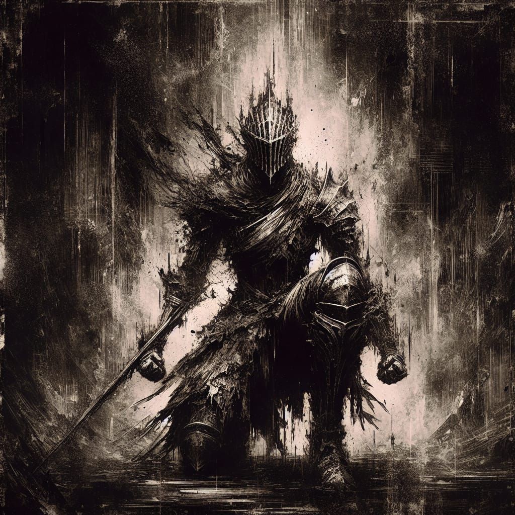 Monochrome Sepia Portrait of Decaying Dark Souls Warrior