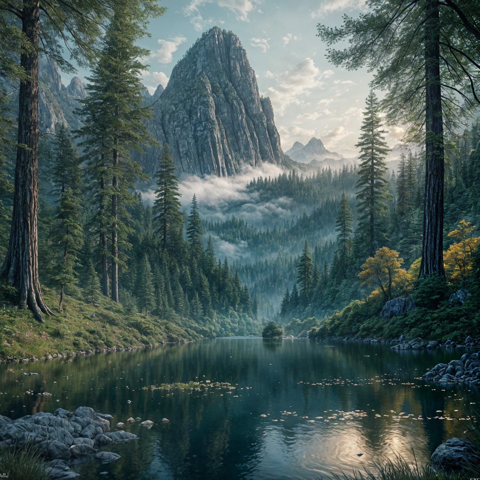 Serene Mountain Lake in a Fantastical Forest